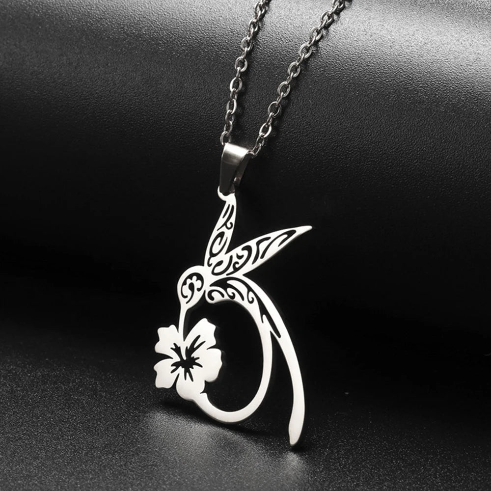 My Shape Hummingbird Flower Pendant Necklaces for Women  Bird Floral Stainless Steel Chain Choker Fashion Jewelry Gifts