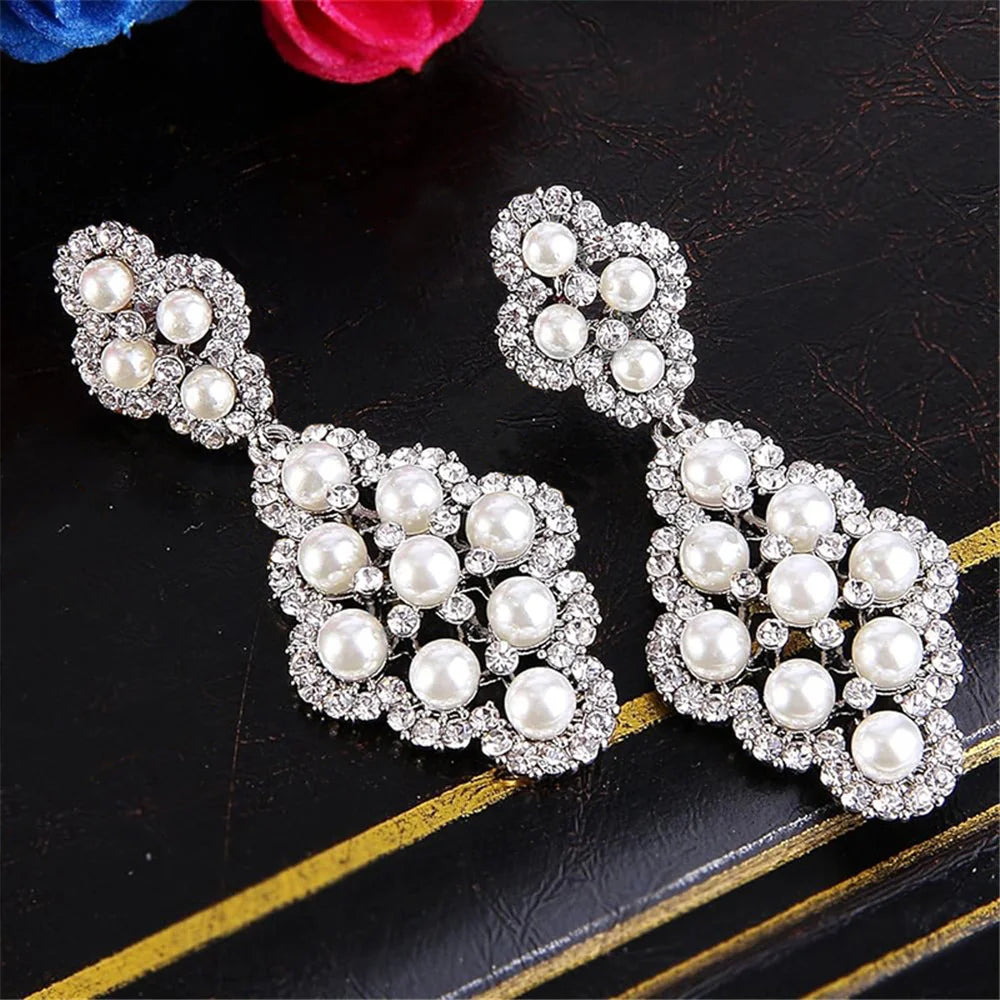Cute Female Silver Color White Pearl Stone Drop Stud Earrings Lovely Bridal Wedding Jewelry For Women