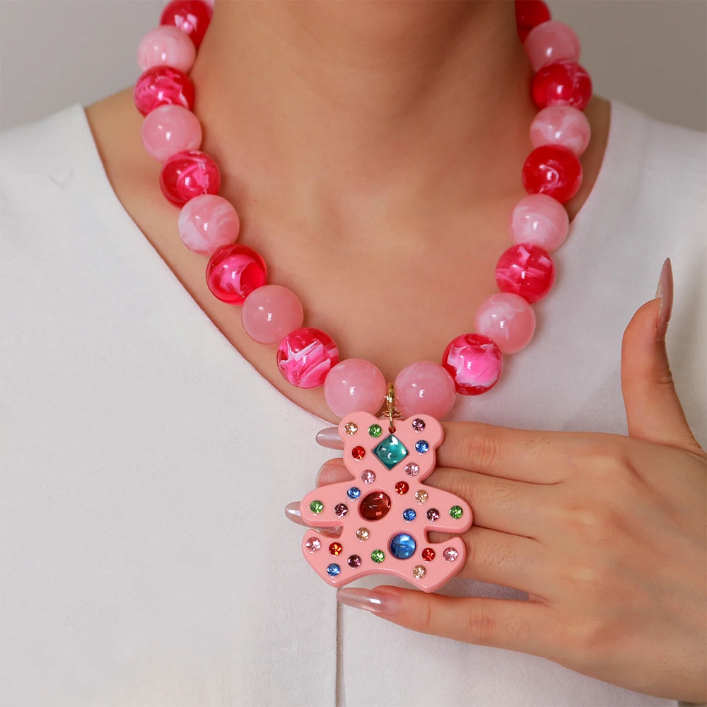 Fashion Acrylic Big Round Beads Bear Pendant Necklace for Women Colorful Geometric Beaded Choker Necklace Party Jewelry Gift