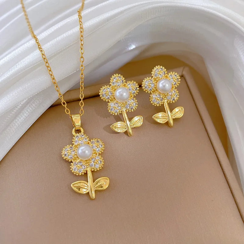 Sparkling Luxury Cubic Zirconia Pearl Flower Pendant Stainless Steel Women's Necklace Fashion Waterproof Jewelry Gift