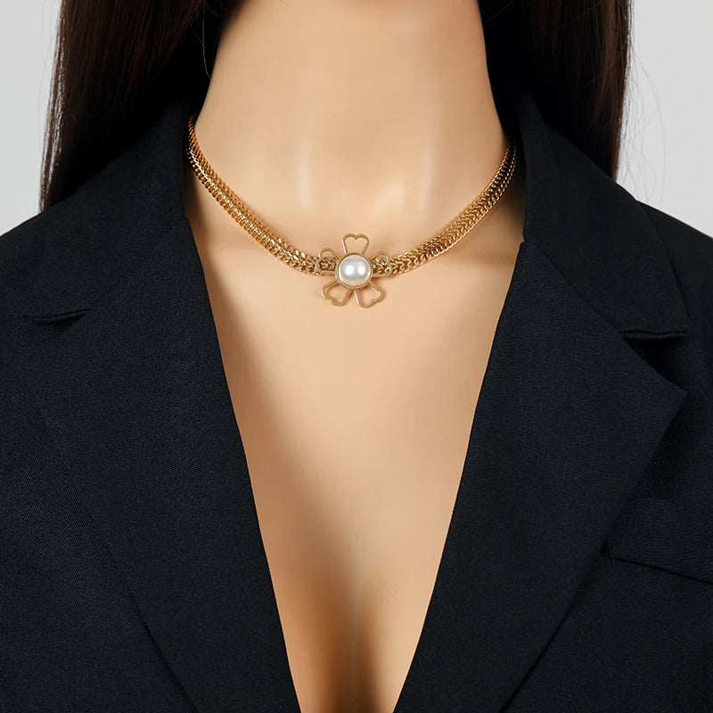 EILIECK 316L Stainless Steel Large Flower White Pearl Necklace For Women Fashion New Party Gift Neck Chain Waterproof Jewelry