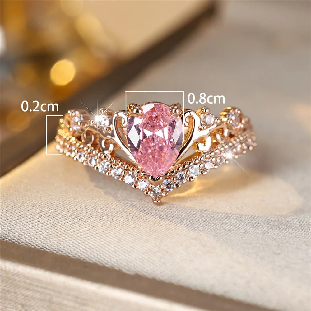 Luxury Female Pink Water Drop Zircon Stone Ring Dainty Rose Gold Color Wedding Jewelry For Women