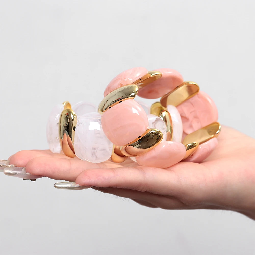 Elegant Acrylic Marble Geometric Petal Curved Beads Elastic Bracelets Trendy CCB Bead Chunky Bangles Bracelet Women Accessories