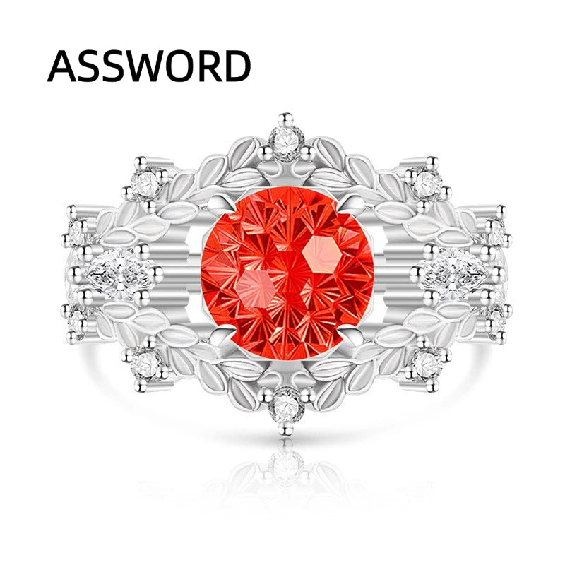 925 Sterling Silver Vintage Leaf Flower Ring Round Ice Flower Cut Cubic Zirconia Wedding Band Luxury Fine Jewelry Gift for Women