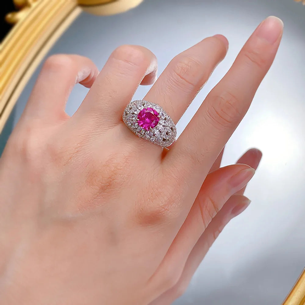 Vintage 100% 925 Sterling Silver 8mm Rose Red Ruby Rings for Women Gemstone Wedding Cocktail Party Fine Jewelry Anniversary Gift