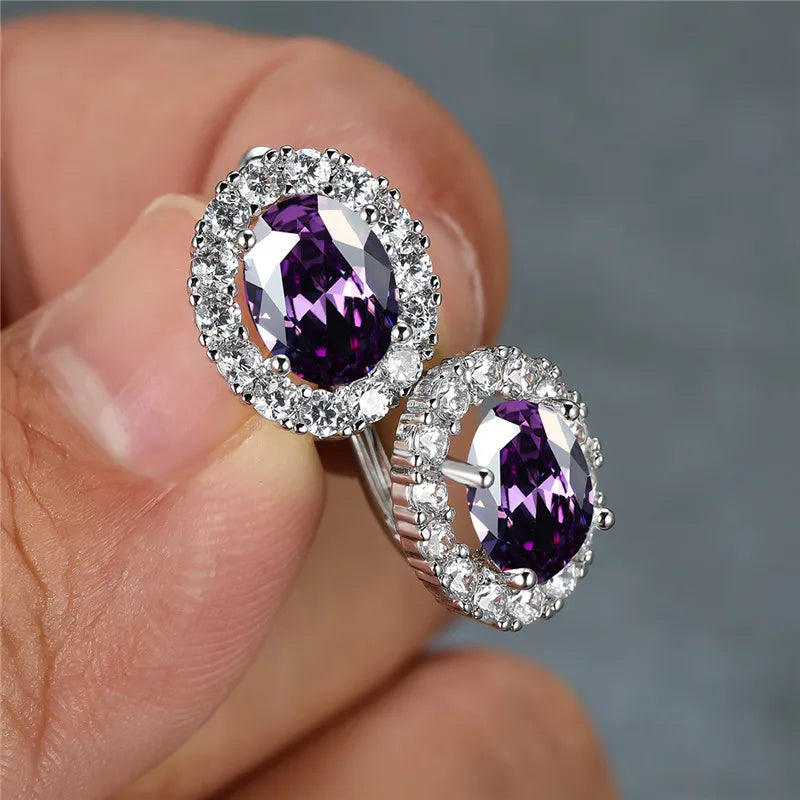 Luxury Crystal Purple Oval Stone Earrings Multicolor Zircon Small Hoop Earrings Classic Silver Color Wedding Earrings For Women