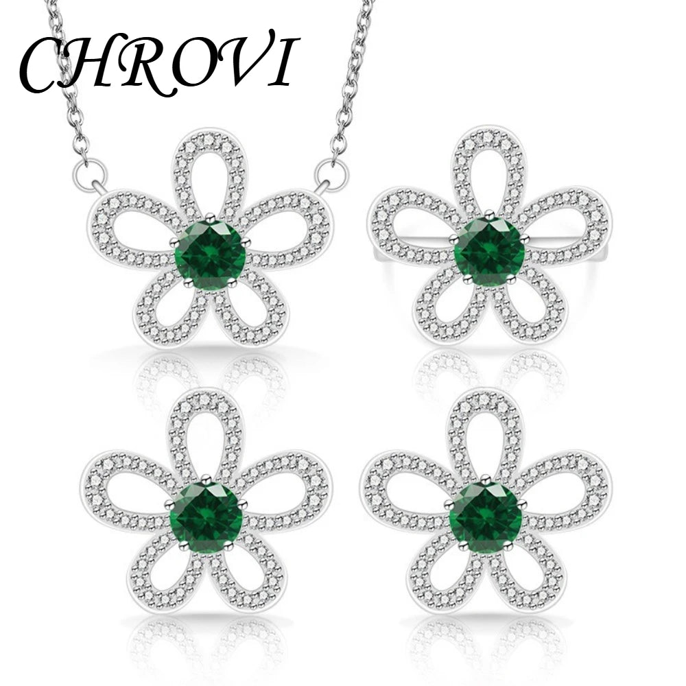 Sweet 925 sterling silver luxury full-diamond five-petal flower gemstone pendant ring earring three-piece jewelry set