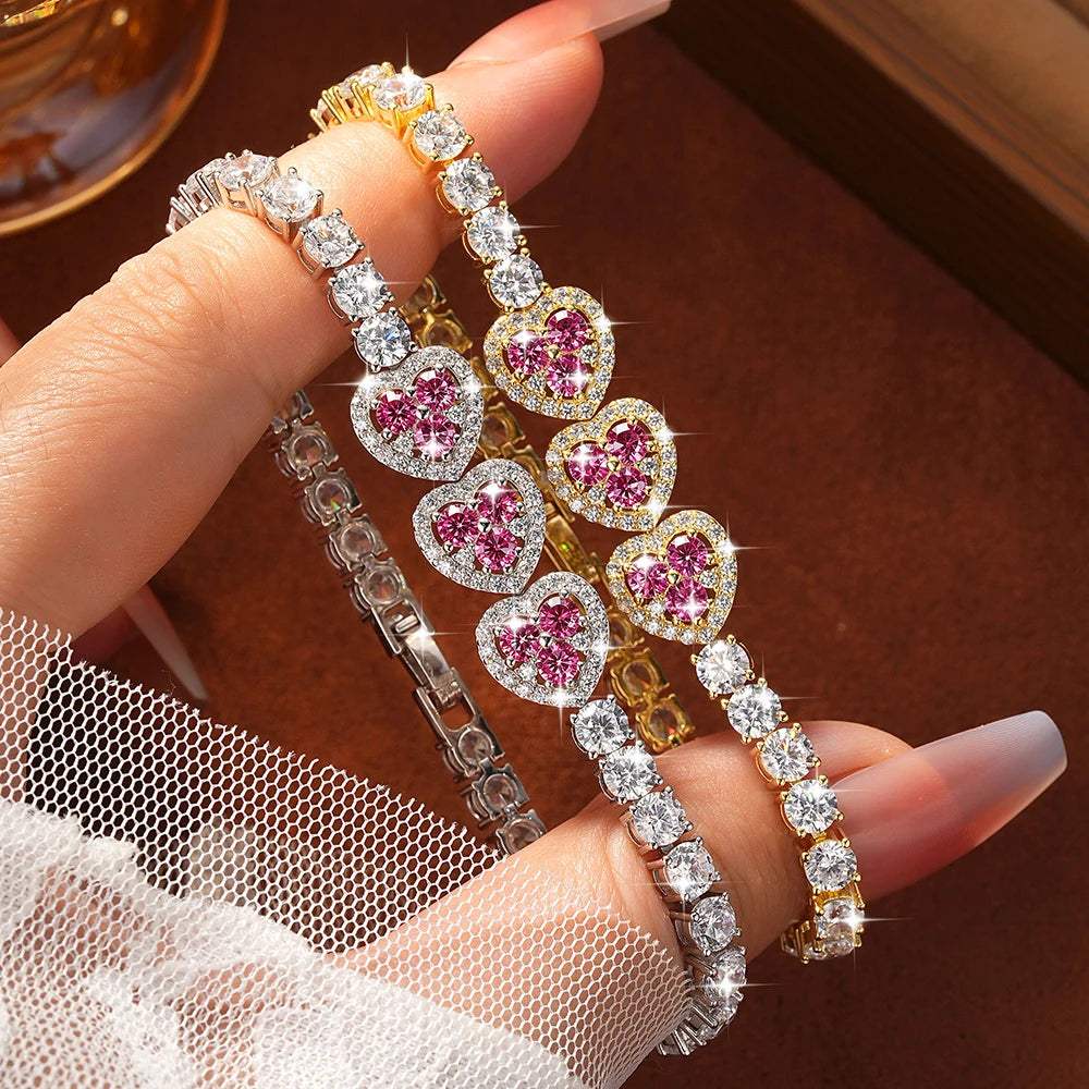 OXTAO Heart Moissanite Tennis Chain Bracelet  White Green Pink Lab Imitation Diamond Colorful Jewelry Bracelet 14K Gold Filled