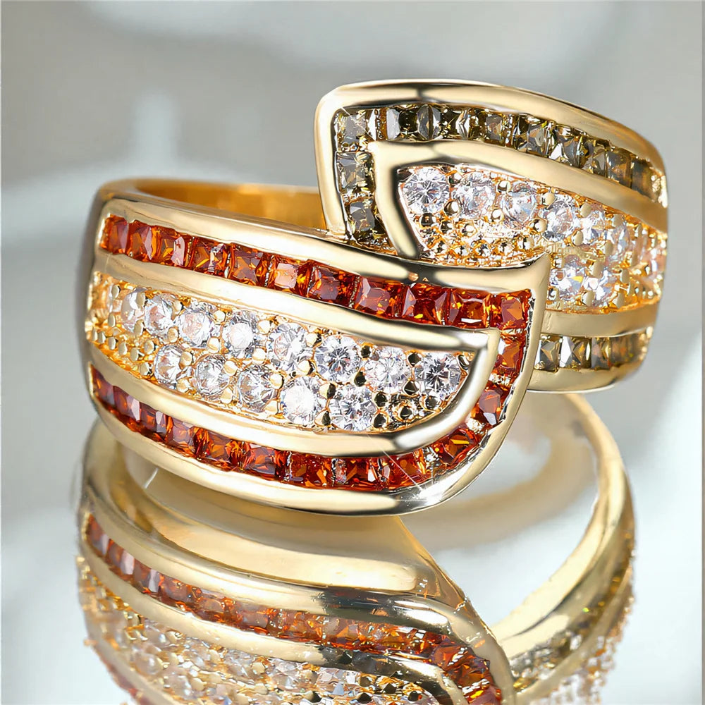 Cute Female White Zircon Stone Gold Color Wedding Jewelry Promise Engagement Wheat Rings For Women