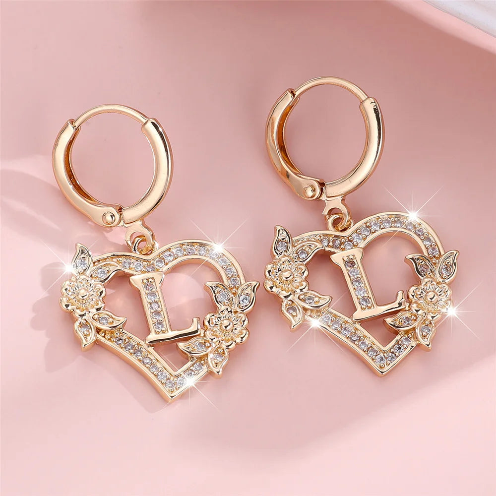 Female A-Z 26 Letter Heart Flower Hoop Earrings Yellow Gold Color White Zircon Wedding Jewelry For Women