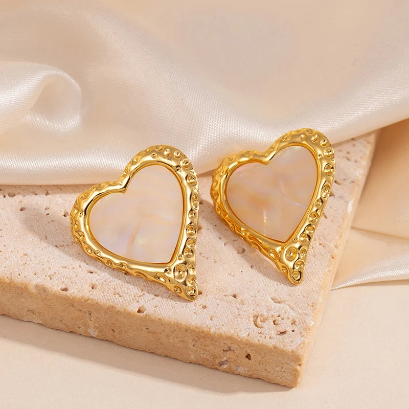 ANENJERY 316L Stainless Steel Ripple Metal Heart Earrings For Women Bohemia Niche Vintage Personality Delicate Jewelry Gifts