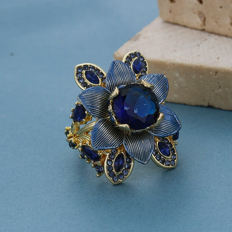 Luxury Blue Red Cubic Zirconia Floral Statement Ring Two-Tone Color Ring Elegant Cocktail Ring For Women Party Wedding Jewelry