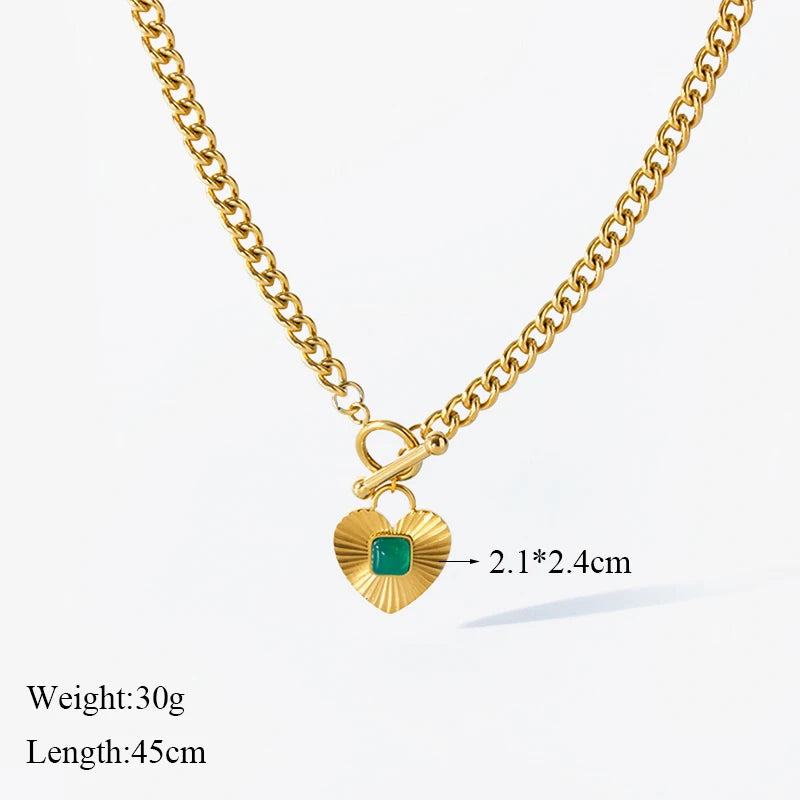EILIECK 316L Stainless Steel Heart Love Green Crystal Pendant Necklace Earrings for Women Fashion Punk Jewelry Set Gift Party