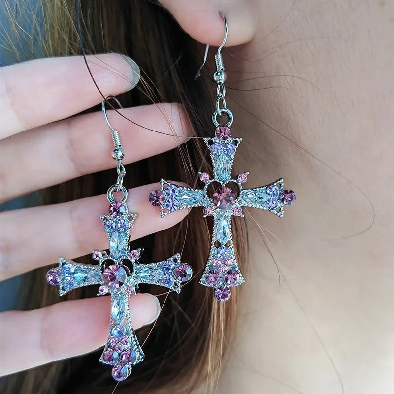 Gothic Pink Heart Cross Earrings Y2K Kpop Fashion Korean Style Earring for Women Grunge Egirl Earrings Jewelry Accessories