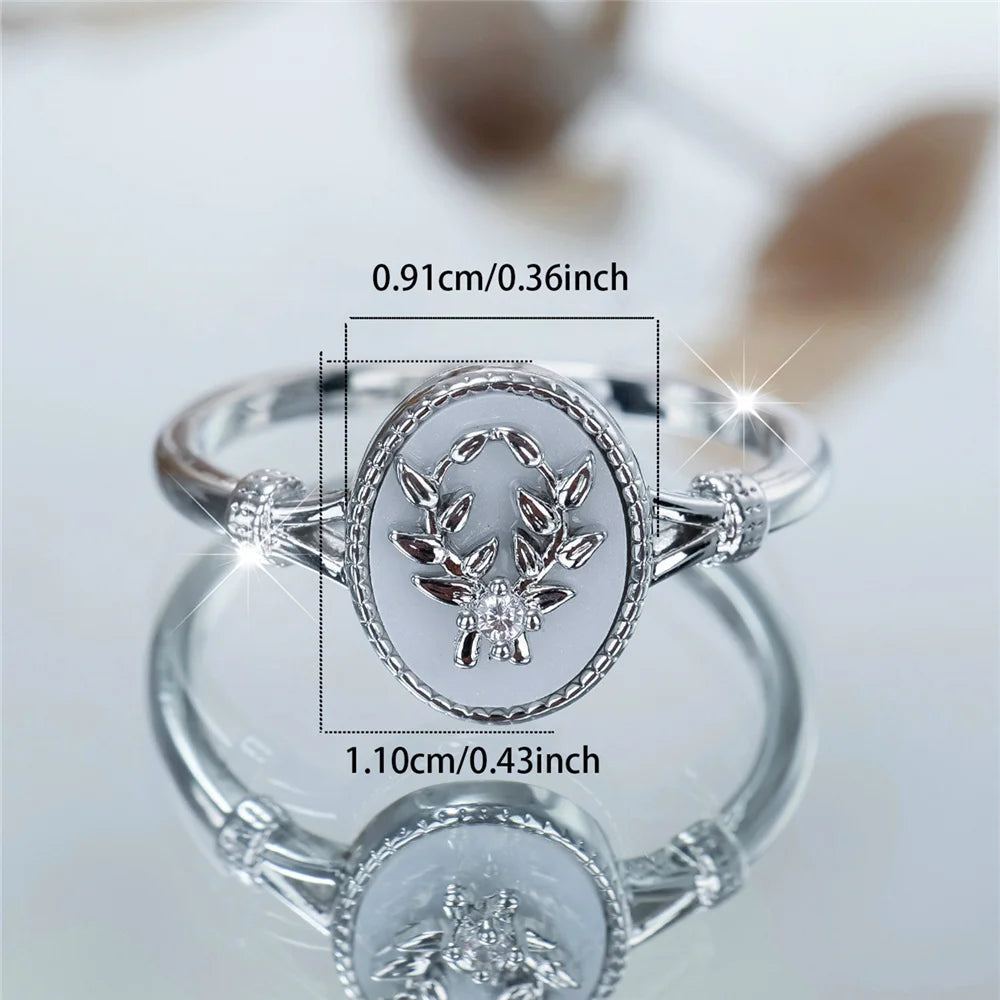 Charm Female White Enamel Stone Oval Leaf Plant Ring Rose Gold Silver Color Cute Gift Wedding Jewelry For Women