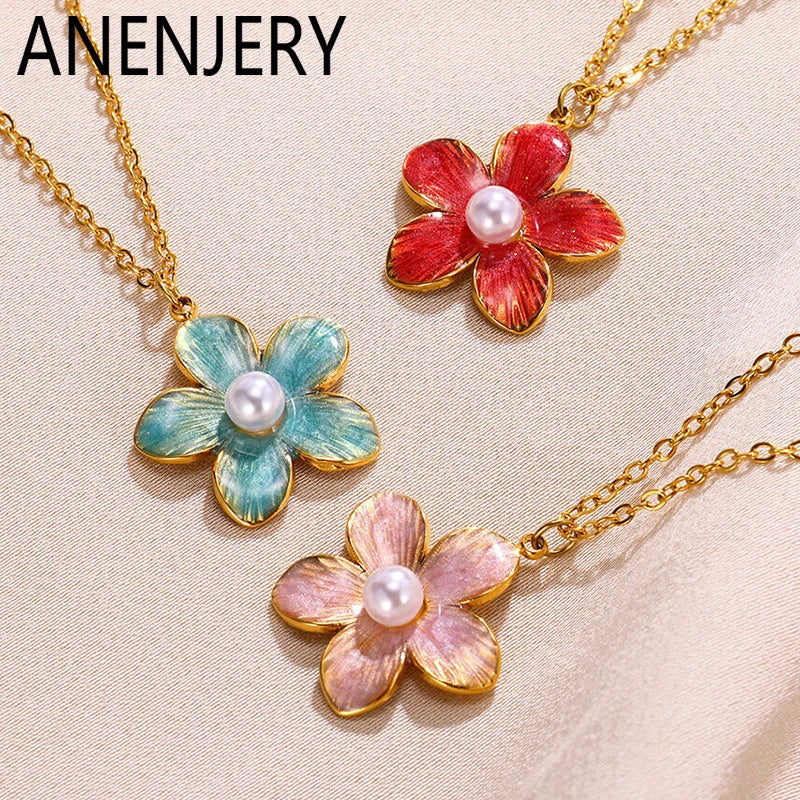 ANENJERY 316L Stainless Steel Enamel Colorful Flower Pearl Pendant Necklace For Women Sweet French Luxury Jewelry Gift Wholesale