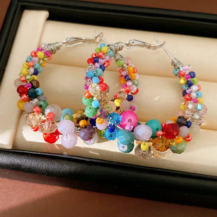Colorful Glass Beaded Cluster Hoop Earrings for Women Shiny Wrapped Circle Huggie Earrings Vacation Festival Beach Jewelry N