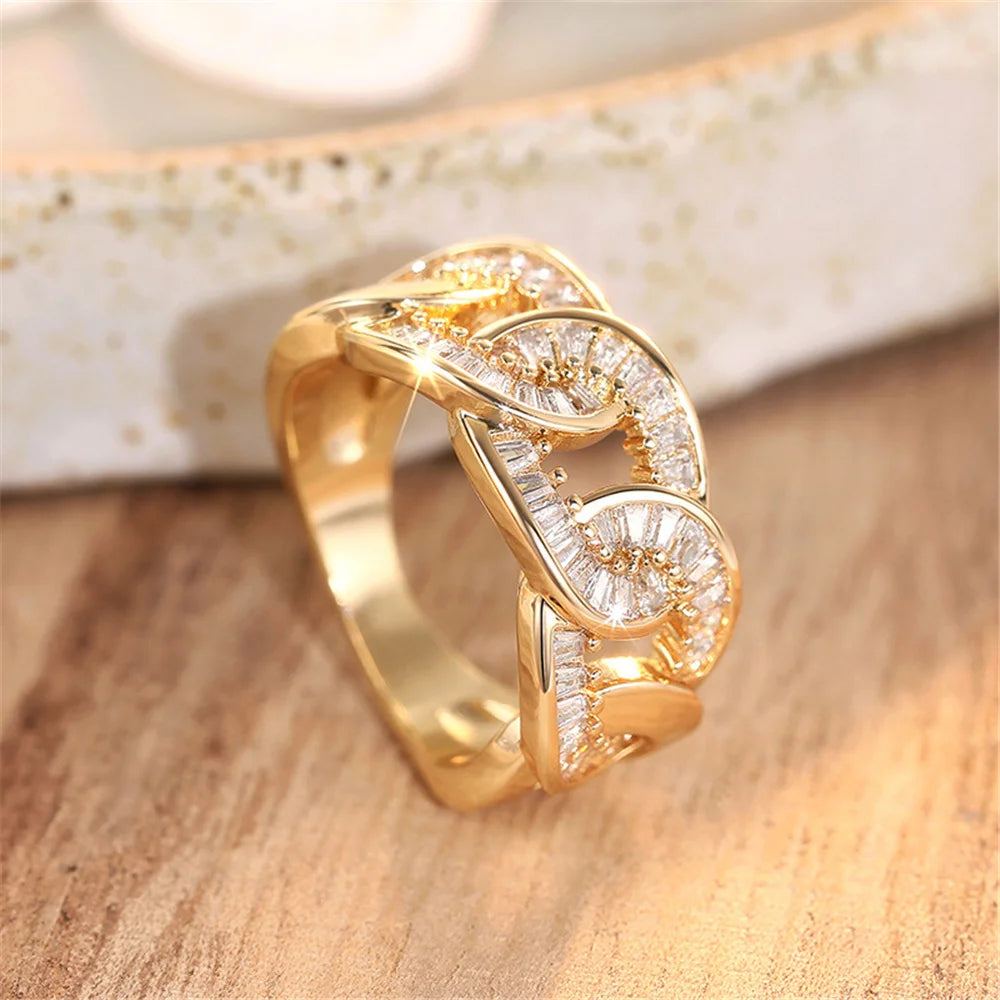 Luxury Female Yellow Gold Color White Zircon Stone Wedding Jewelry Promise Love Engagement Rings For Women