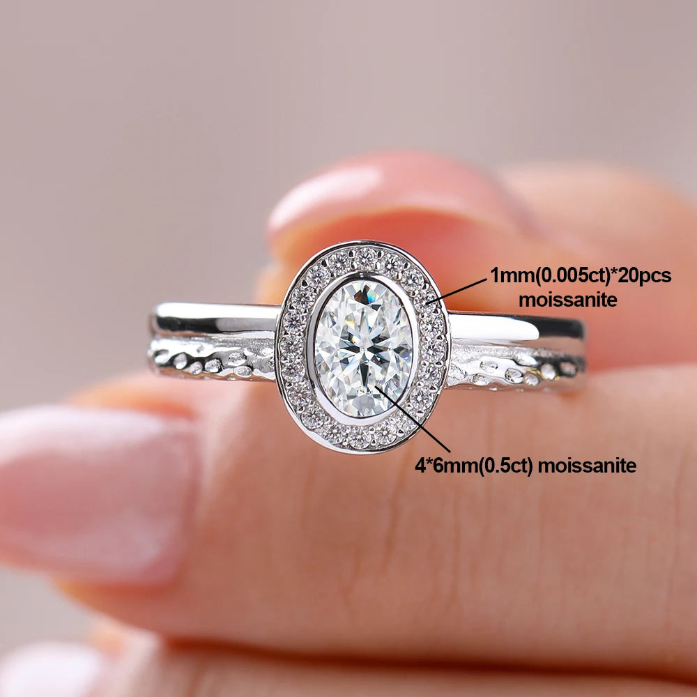 0.5CT Bezel Set Oval Cut Moissanite Halo Ring for Women Lab Diamond 925 Sterling Silver Double Row Wedding Band Jewelry With GRA