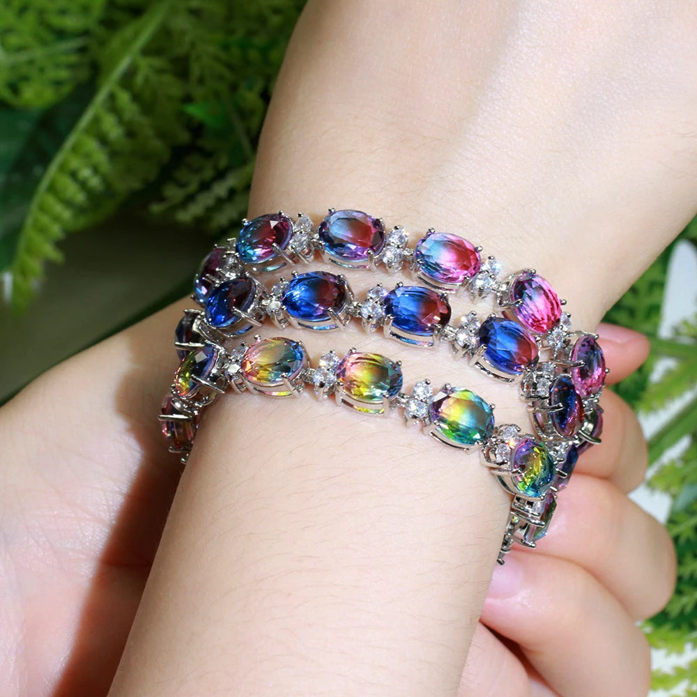 ThreeGraces Mystical Rainbow Cubic Zirconia Stones Silver Color Fashion Bridal Party Link Chain Bracelet for Women Jewelry BR380
