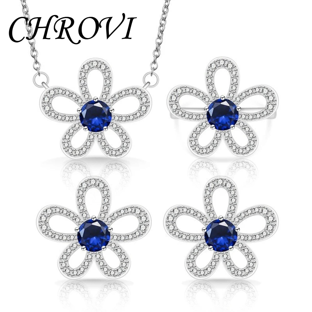 Sweet 925 sterling silver luxury full-diamond five-petal flower gemstone pendant ring earring three-piece jewelry set