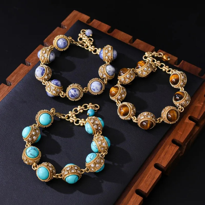 Natural Stone Bracelets for Women Vintage Palace Style Versatile Jewelry Geometric Light Luxury Elegant Pulseras Mujer
