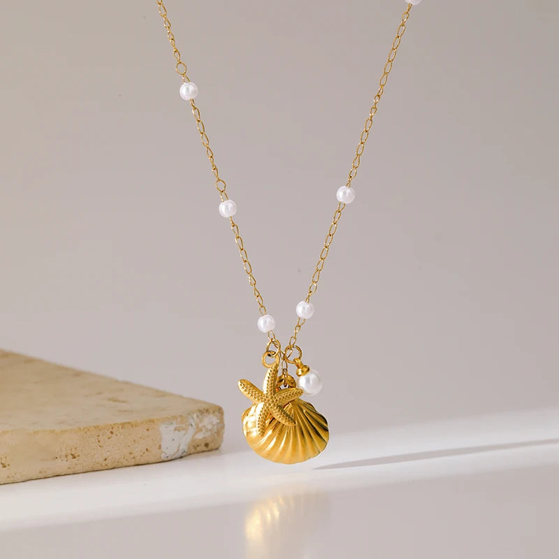 EILIECK 316L Stainless Steel Shell Starfish Pearl Pendant Necklace For Women Fashion New Party Gift Charm Neck Chain Jewelry