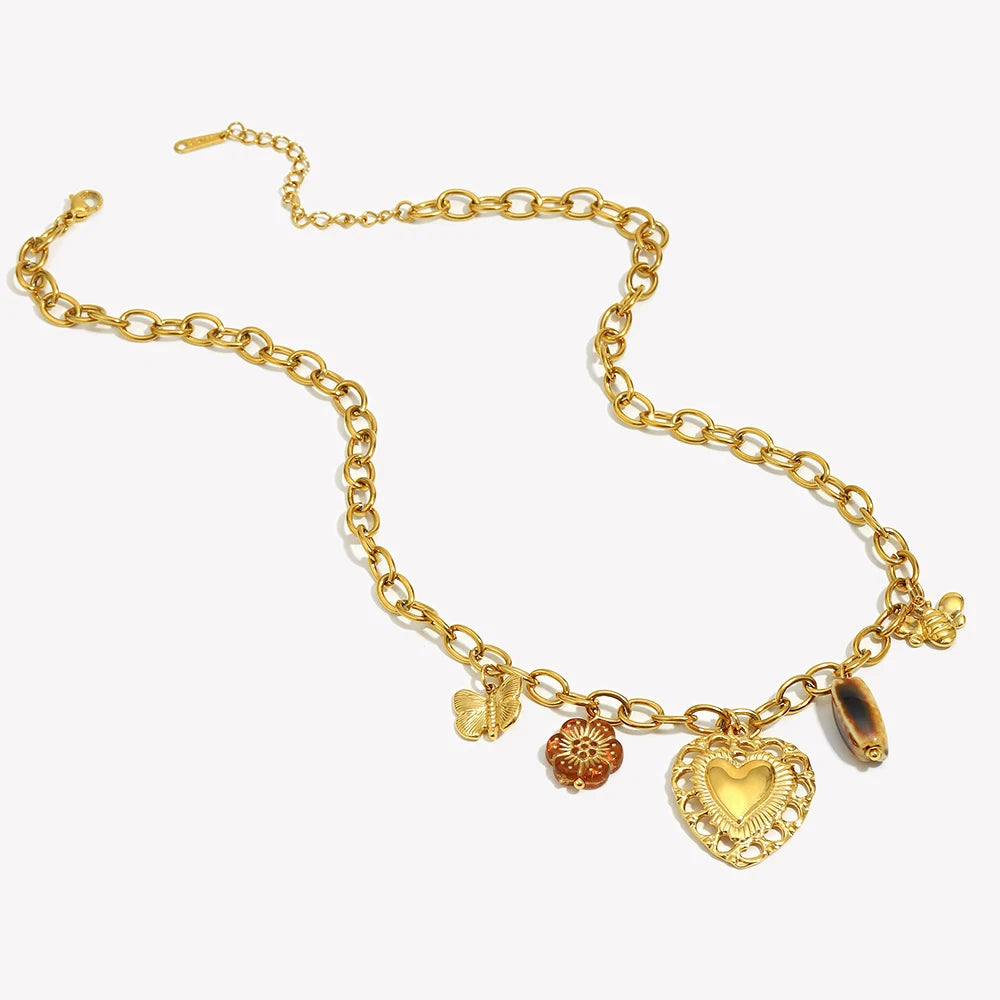 E.B.belle Vintage Style PVD Plated  Hollow Heart Butterfly Charm Necklace Stainless Steel Women Waterproof Party Neck Jewelry