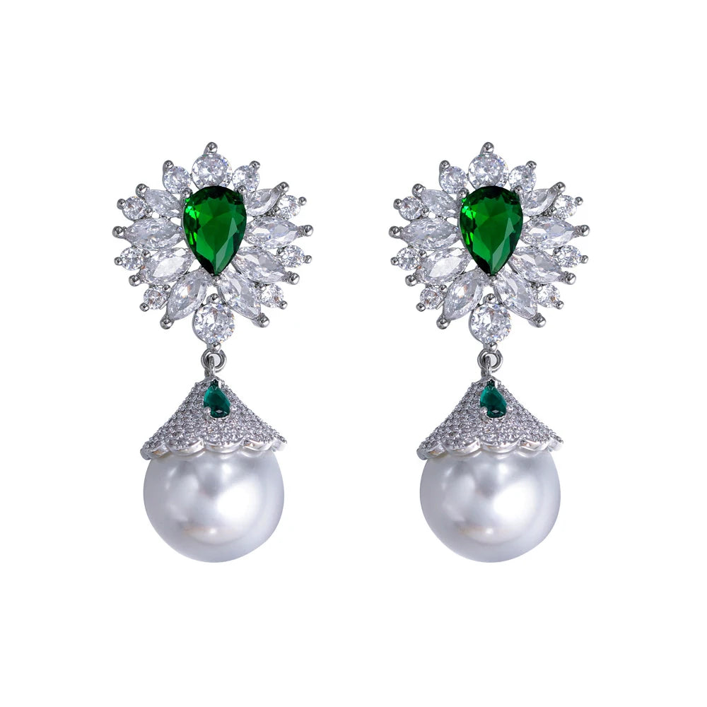 ThreeGraces Luxury Shiny Green Zircon Big Simulated Pearl Long Wedding Bridal Earrings for Women Vintage Party Jewelry E1921
