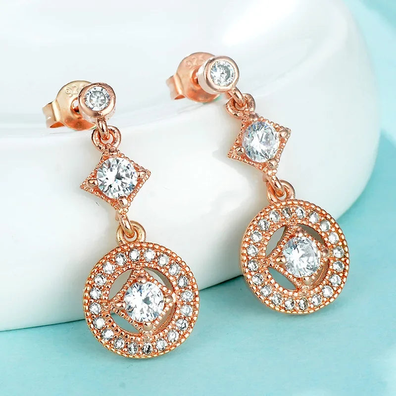 Radiant Elegance Earrings Clear CZ Crystals Surrounded Square Round Cut Ancient Women 925 Sterling SIlver Drop Earings Jewelry