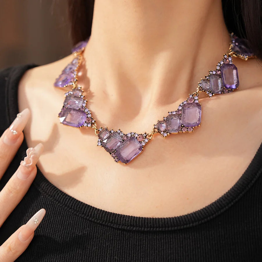 1 Pcs Purple Square Rhinestones Chokers Necklaces Retro Shiny Geometric Drop Earring Luxury Jewelry Set Gifts Wedding Party N