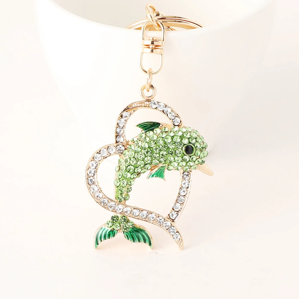 Dolphin Love Key Chain Women's Luxury Bag Pendant Crystal Rhinestone Key Ring Marine Animal Gift for Family Girlfriend
