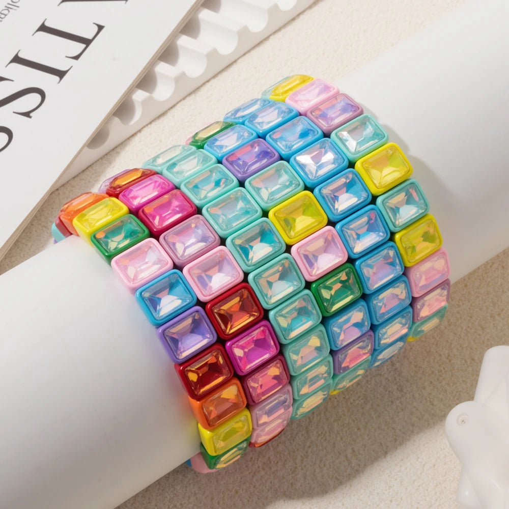 8x10mm Zirconia Enamel Bangle For Women Handmde Rainbow Color Elastic Beaded Bracelets