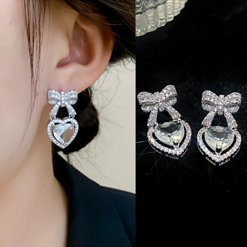 Exquisite Pink Heart Shape Bowknot Stud Earrings For Women Shining CZ Zircon Love Earring Girl Wedding Party Temperament Jewelry