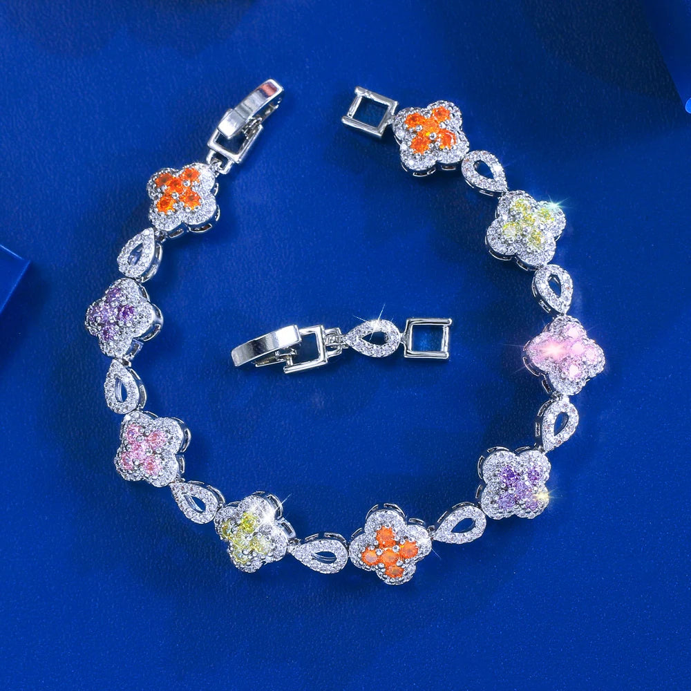 ThreeGraces Fashion Shiny Colorful Zirconia Lucky Leaf Shape Bridal Wedding Link Chain Bracelet for Women Party Jewelry BR450