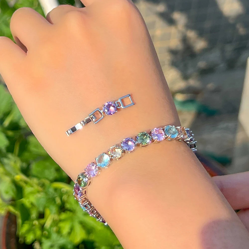 ThreeGraces Shiny Multicolor Cubic Zirconia Fashion Round CZ Tennis Bracelet for Women New Trendy Daily Party Jewelry BR388