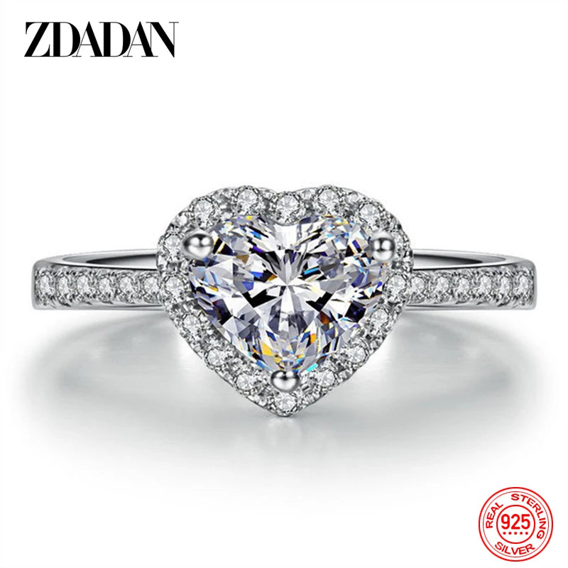ZDADAN 925 Sterling Silver Heart Blue Gemstone Rings For Women Wedding Jewelry Fashion Gift
