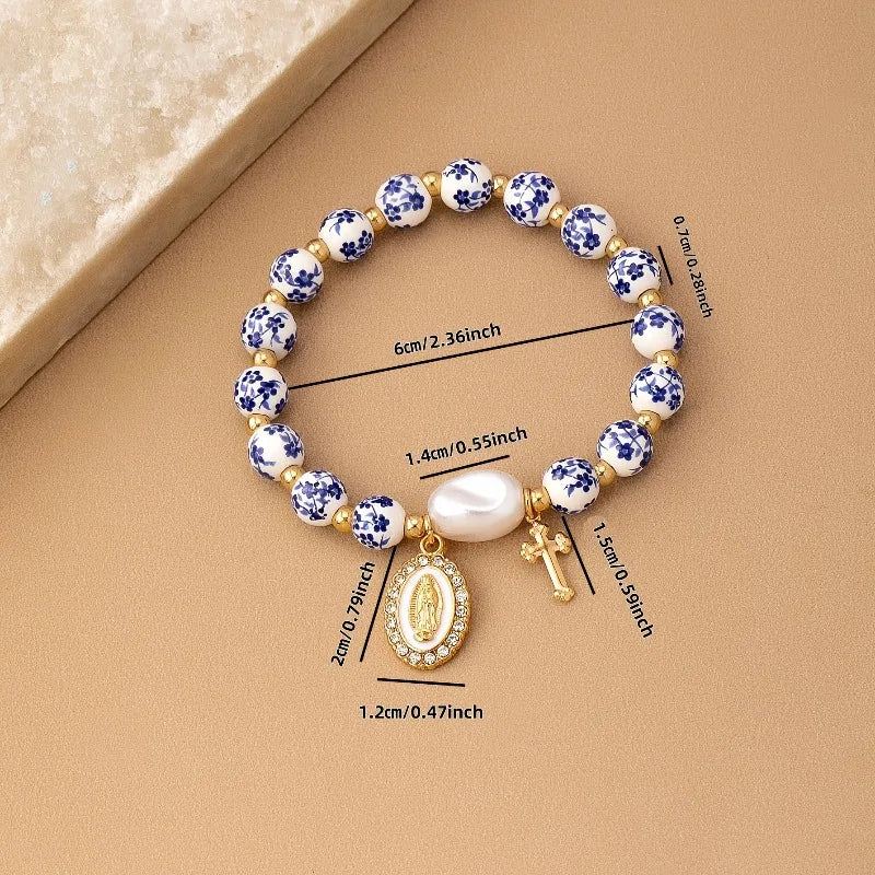 Bohemian Blue White Porcelain Bead Bracelet with Imitation Pearls Cross Pendant for Women Daily Party Wear Fashion Accessory