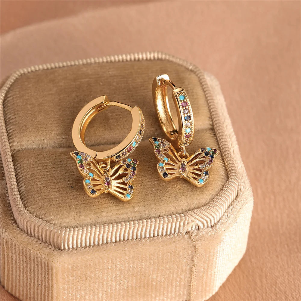 Cute Female Colorful Butterfly Round Zircon Stone Hoop Earrings Gold Color Unique Girlfriend Gifts Wedding Jewelry For Women