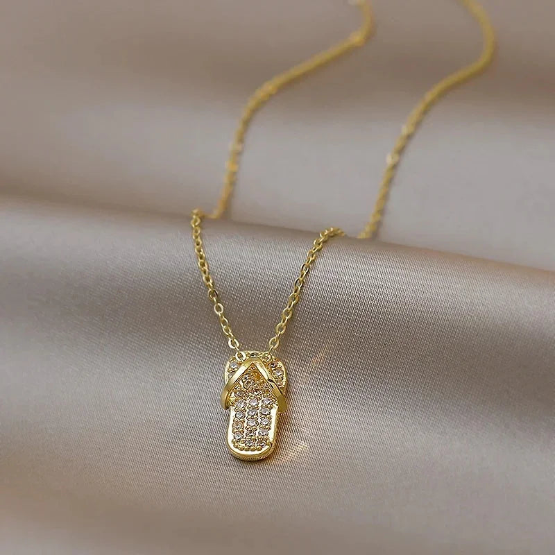 Chic Flip Flops Shaped Pendant Necklace for Women Bling Crystal CZ Funny Summer Girls Neck Accessories Statement Jewelry