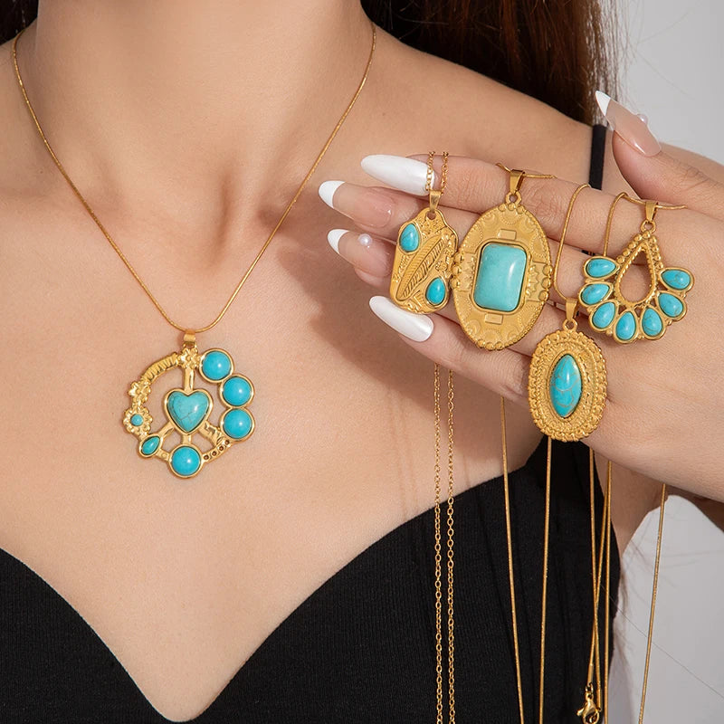 ANENJERY 316L Stainless Steel Turquoise Irregular Geometry Pendant Necklace For Women Boho Retro Personality Jewelry Gifts