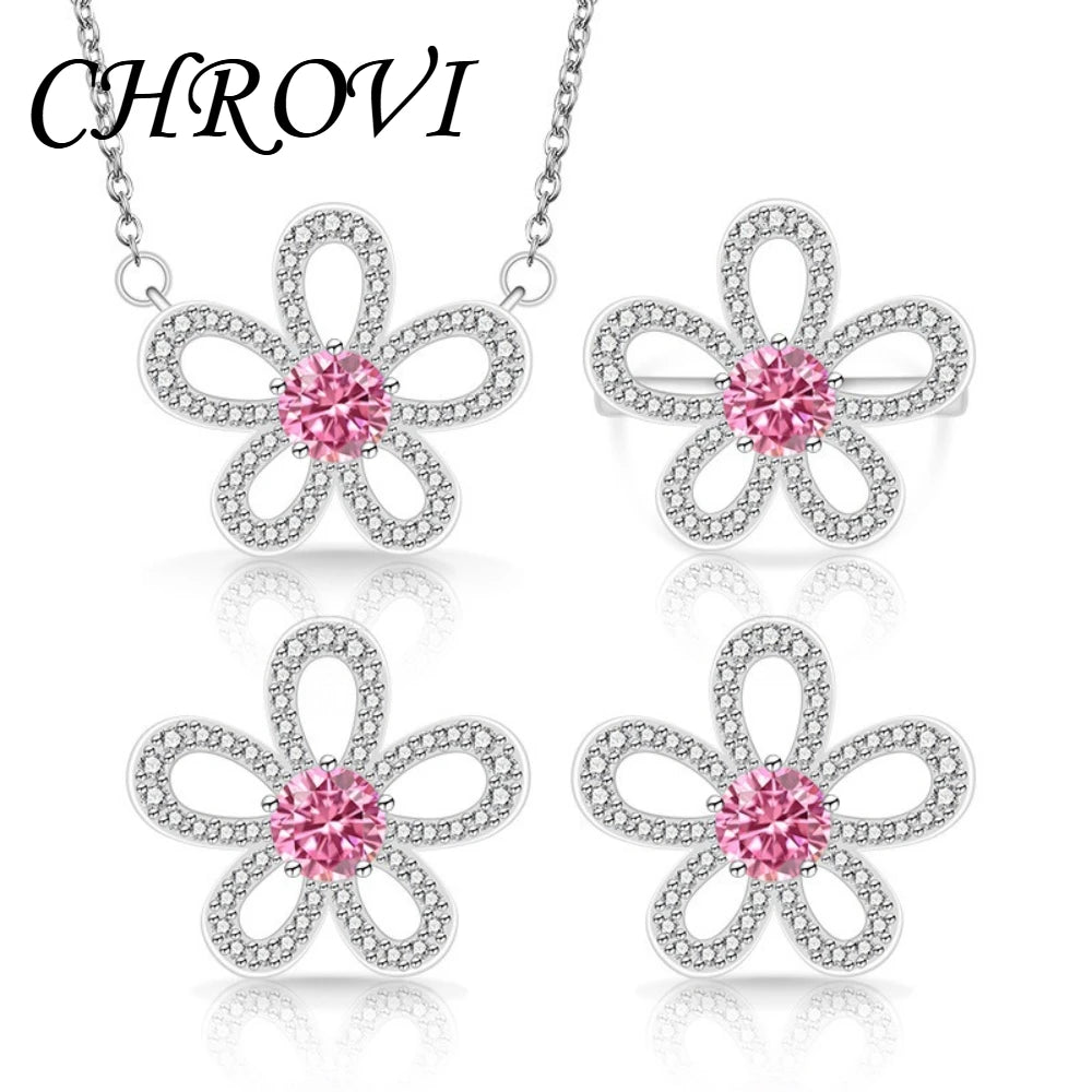 Sweet 925 sterling silver luxury full-diamond five-petal flower gemstone pendant ring earring three-piece jewelry set