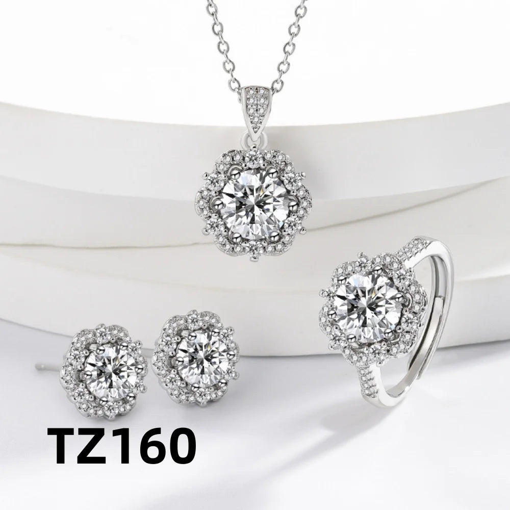 925 Sterling Silver Jewelry Set Round Zircon Necklace Earrings Ring Women Fashion Simple Birthday Wedding Party Jewelry Gift