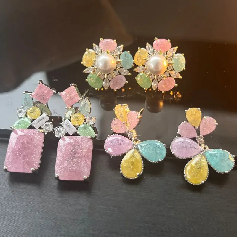 S925 Sterling Silver Colorful Ice Flower Zircon French Drop Earrings Geometric Fashion Jewelry for Women Girls Daily Wear Gift