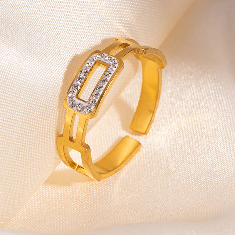 ANENJERY 316L Stainless Steel Turquoise Zircon Hollow Open Multi Layered Ring for Women Vintage Niche Jewelry Gifts Wholesale