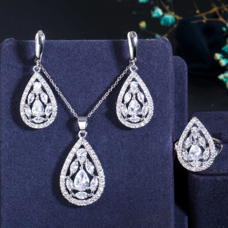 ThreeGraces Shining Red Zirconia Water Drop Shape Earring Necklace Ring Fashion Bridal Party Jewelry Set for Women JS554