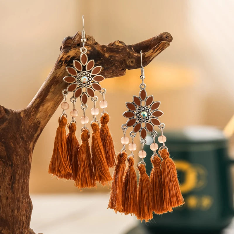 Classic Ethnic Tassel Earrings for Women Bohemian Enamel Flower Crystal Handmade Earring Female DailyVacation Jewelry