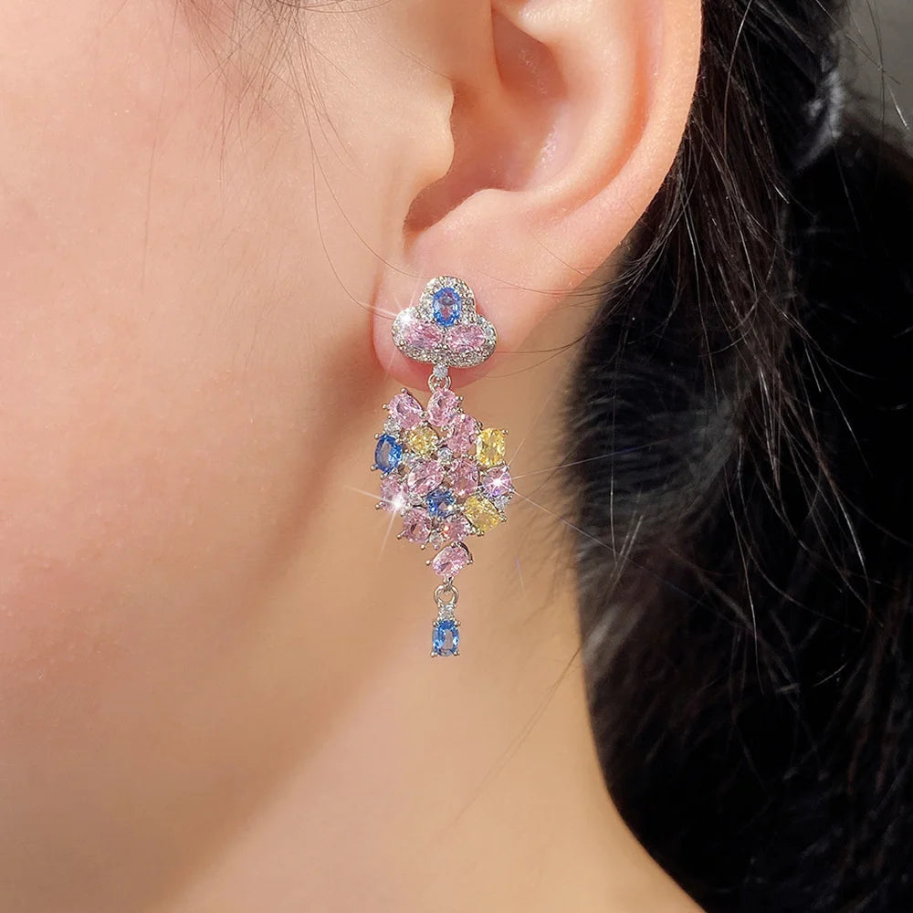 Cute Female Silver Color Flower Drop Stud Earrings Lovely Bridal Wedding Jewelry For Women