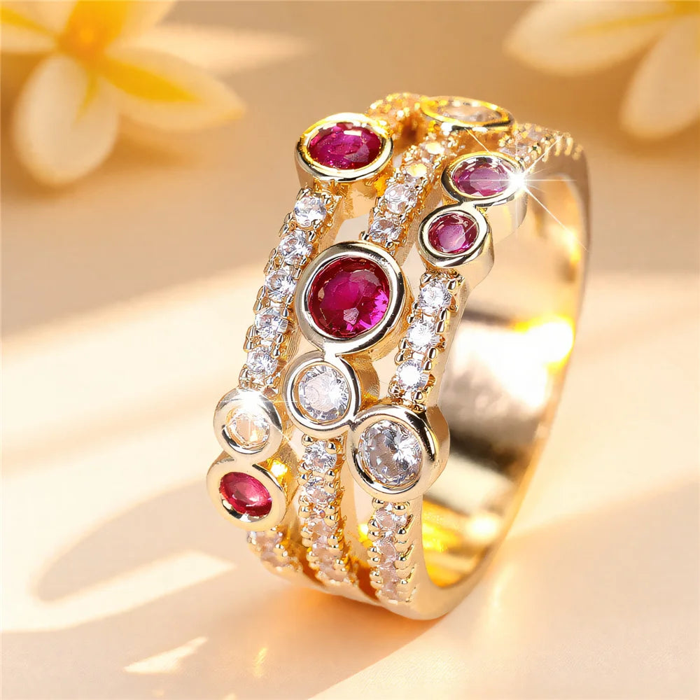 Cute Female Rose Red Zircon Stone Gold Color Wedding Jewelry Promise Engagement Rings For Women