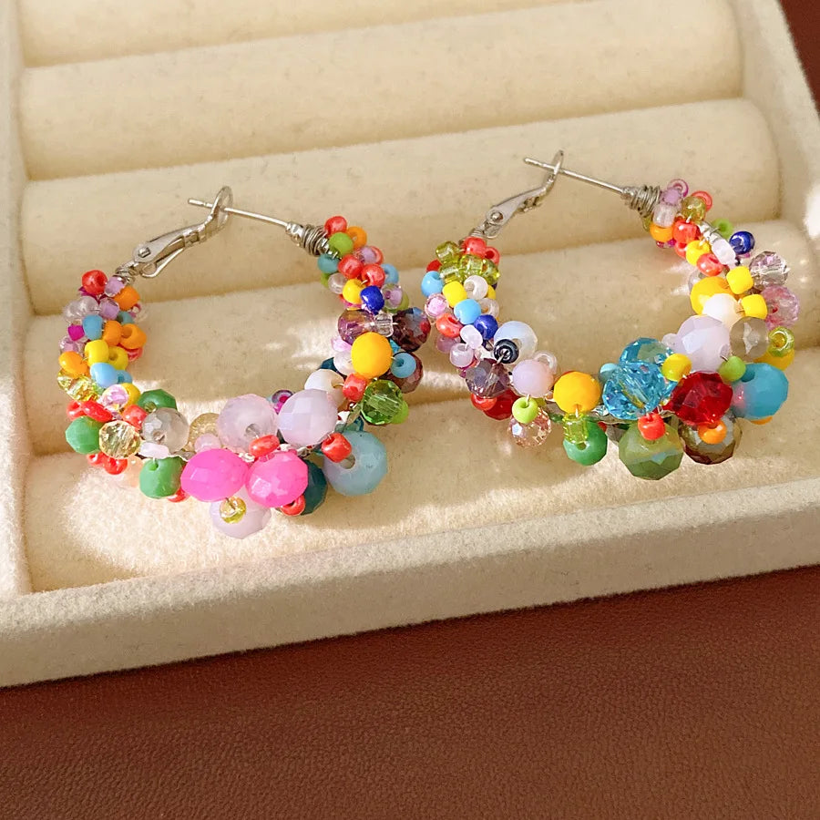 Colorful Glass Beaded Cluster Hoop Earrings for Women Shiny Wrapped Circle Huggie Earrings Vacation Festival Beach Jewelry N